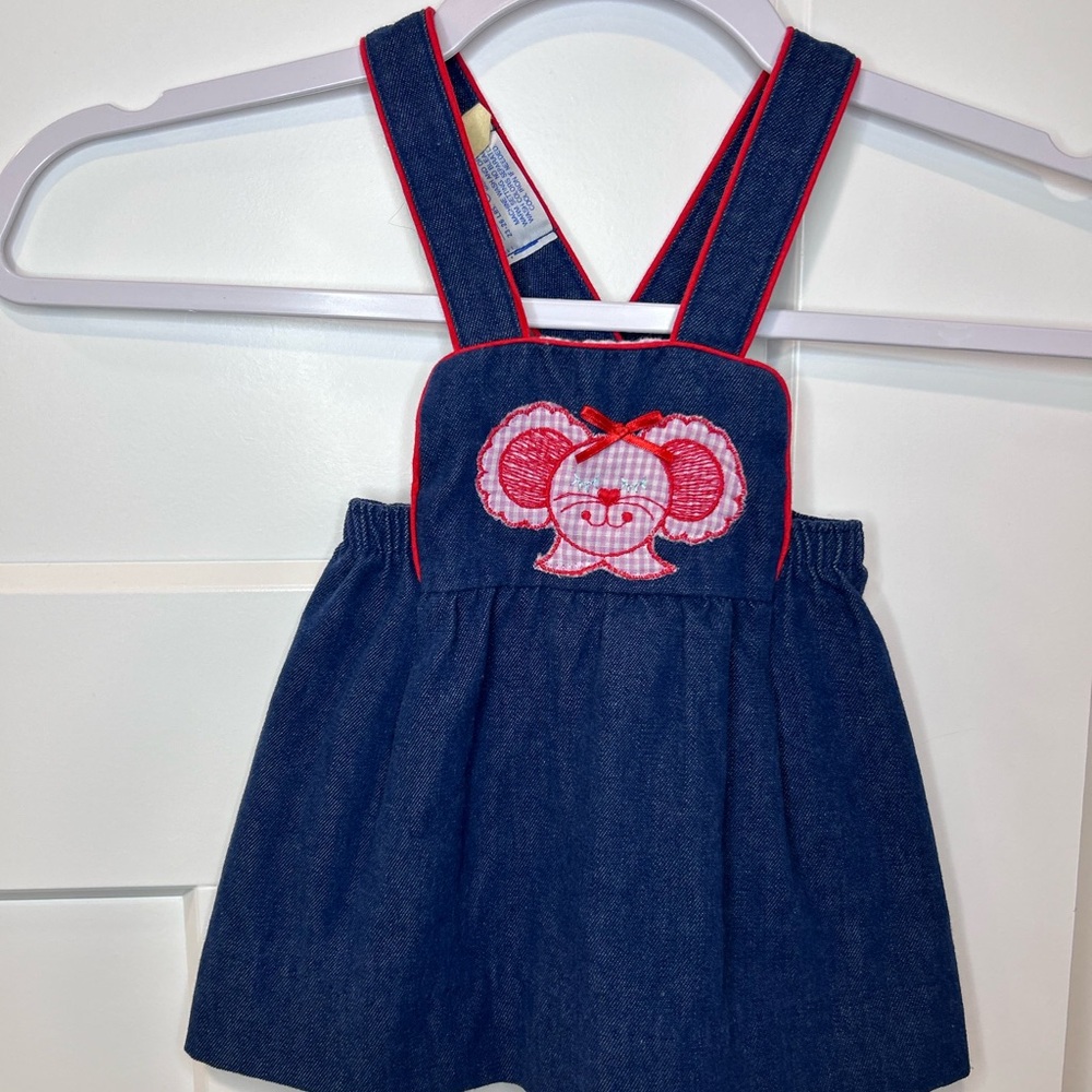 Vintage 1970s Carter’s Denim Jumper Dress 23–26 lbs Mouse Applique USA Made Rare